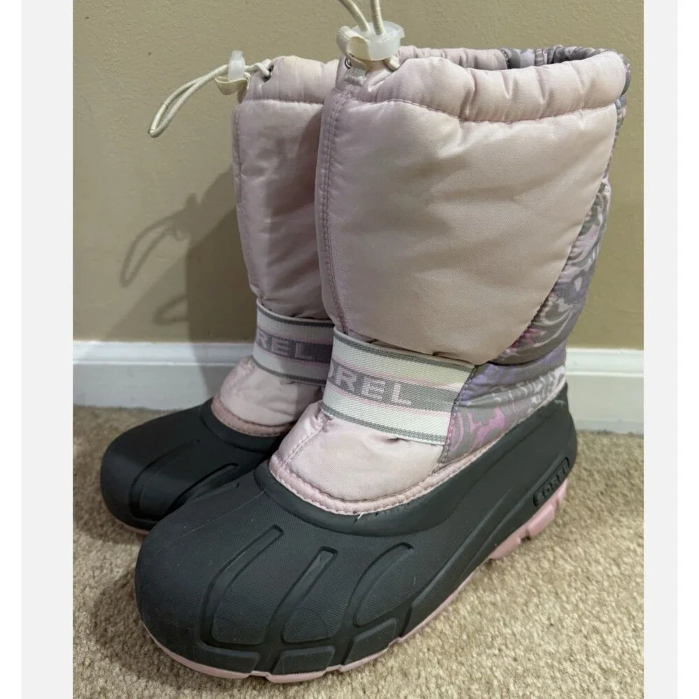 Sorel Girls 6Y Snow Boots Pink Floral Waterproof Winter Rubber Insulated Boot
